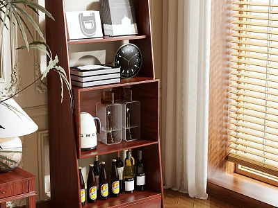 Wooden Bookcase Featuring Books Clock Glass Containers Wine Bottles And Plant By Window With Blinds 3d model