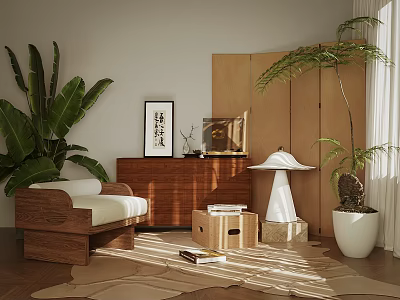Warm Modern Wooden Dresser With Framed Art Green Plants And Cozy Sofa In Sunlight 3d model