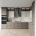 Modern Kitchen Interior With Gray Cabinets Marble Countertops Island And Wine Storage