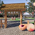 Peach Orchard Garden Landscape With Thatched Gateway Peach Trees Stone Path And Baskets