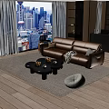 Leather Sofa and Coffee Table Set with Pillows Throw Blanket and City View Window