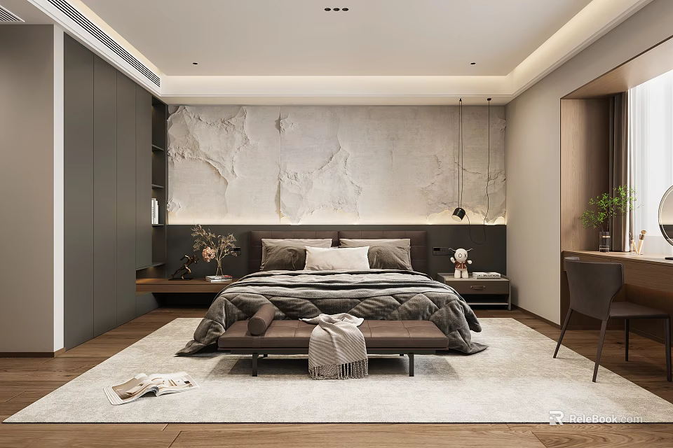 Modern Bedroom Interior Design With Comfortable Bed And Decorative Wall 3d model 