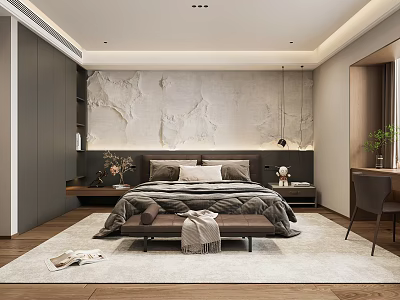 Modern Bedroom Interior Design With Comfortable Bed And Decorative Wall 3d model