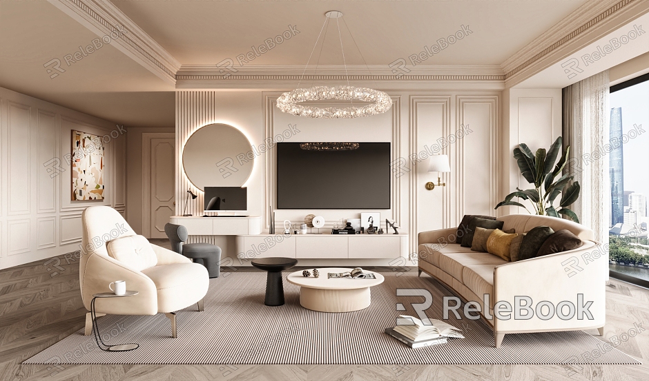 Cream Style Living Room Sofa Coffee Table Combination Leisure Chair Wall Lamp Computer Table Stool Background Wall Hanging Picture model