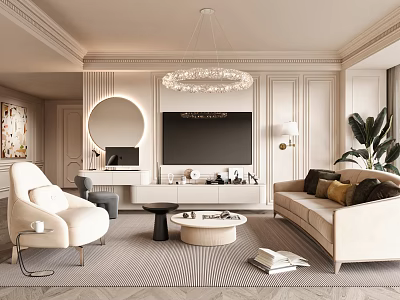 Modern Living Room Interior Design With Beige Sofa Round Coffee Table And Crystal Chandelier 3d model