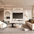 Modern Living Room Interior Design With Beige Sofa Round Coffee Table And Crystal Chandelier