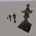 Traditional Stone Outdoor Lights With Pagoda Style Tops Mossy Surfaces And Various Sizes