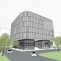 Modern Office Building Exterior With Metal Glass Facade And Surrounding Trees Greenery Pedestrians At Entrance