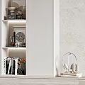 Modern Minimalist TV Wall Design With Stone Tile Backdrop Wooden Media Console And Decorative Ornaments