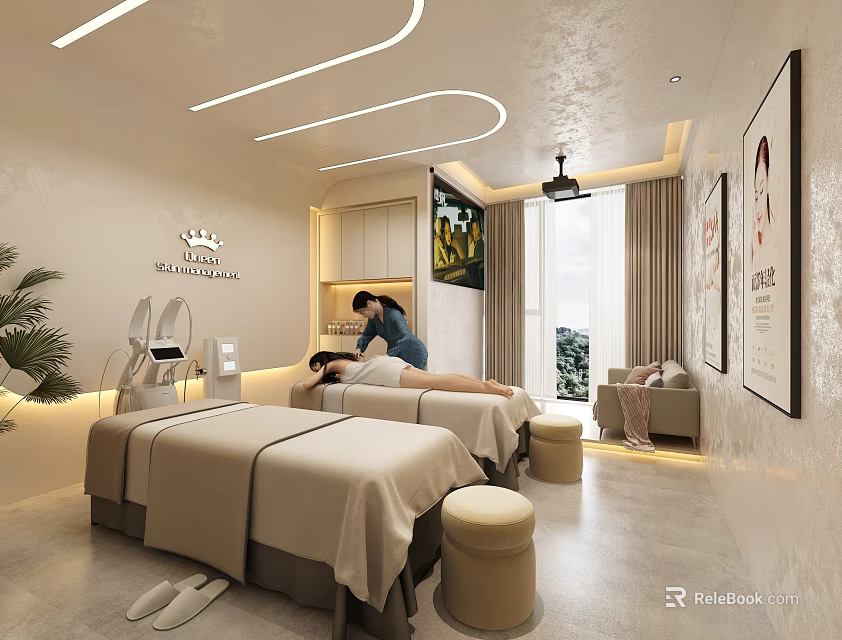 Modern SPA Sauna Interior With Massage Beds Therapist Serving Client Soft Lighting And Decorative Paintings 3d model 