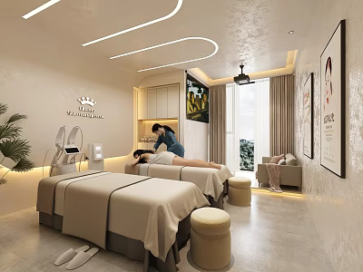 Modern SPA Sauna Interior With Massage Beds Therapist Serving Client Soft Lighting And Decorative Paintings 3d model