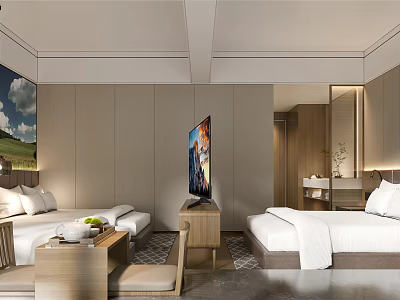 Modern Hotel Guest Room Interior With Twin Beds Flat Screen TV And Landscape Painting 3d model