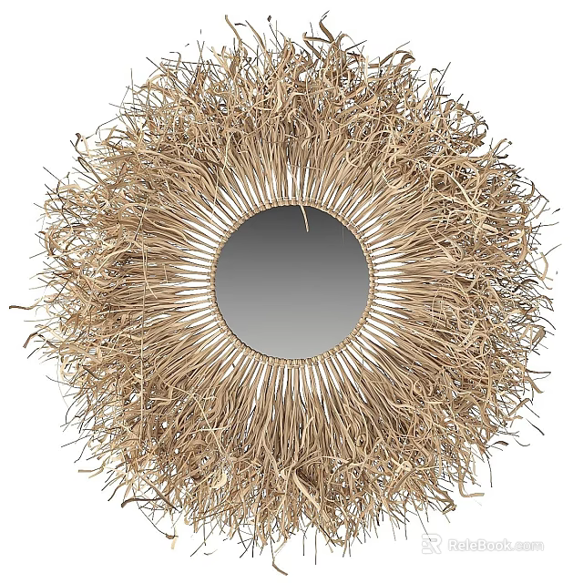 Round Decorative Mirror With Woven Natural Straw Frame And Artistic Design 3d model 