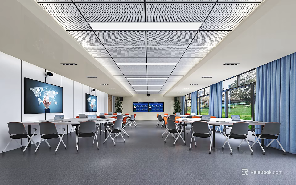 Modern School Classroom With Spacious Layout Digital Screens And Large Windows 3d model 