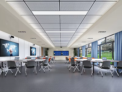 Modern School Classroom With Spacious Layout Digital Screens And Large Windows 3d model