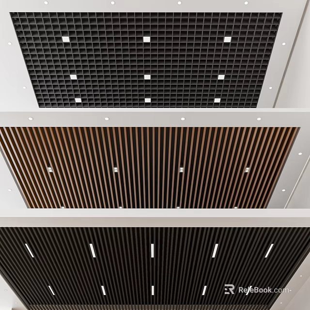 Modern Ceiling Design With Black Grid And Wooden Slats For Interior Spaces 3d model