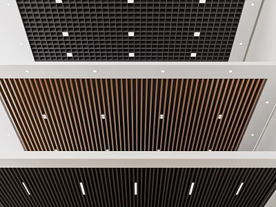 Modern Ceiling Design With Black Grid And Wooden Slats For Interior Spaces 3d model