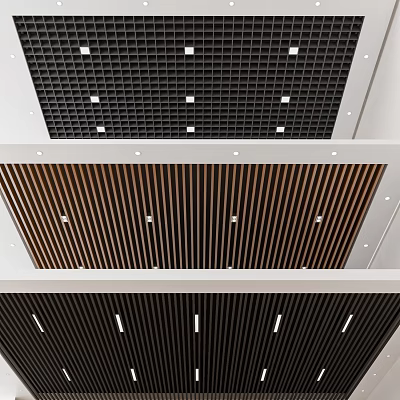 Modern Ceiling Design With Black Grid And Wooden Slats For Interior Spaces 3d model