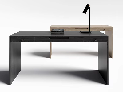 Modern Home Office Desk With Black Surface Drawers And Table Lamp 3d model
