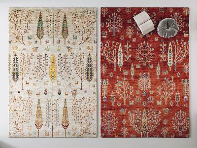 Square Rugs with Decorative Tree Patterns Neutral Red Hues and Book Pillow for Living Room Decor 3d model