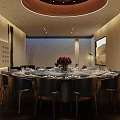 Elegant Modern Private Dining Room With Round Table Chairs Ceiling Light And Wall Decorations