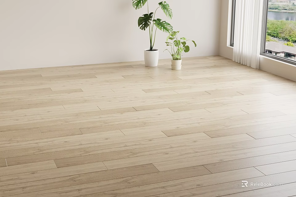 Light Wood Flooring In Bright Room With Green Plants White Curtains And Window View 3d model 