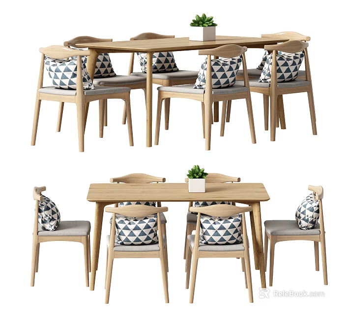 Modern Wooden Dining Table Set With Chairs Patterned Cushions And Small Plant 3d model