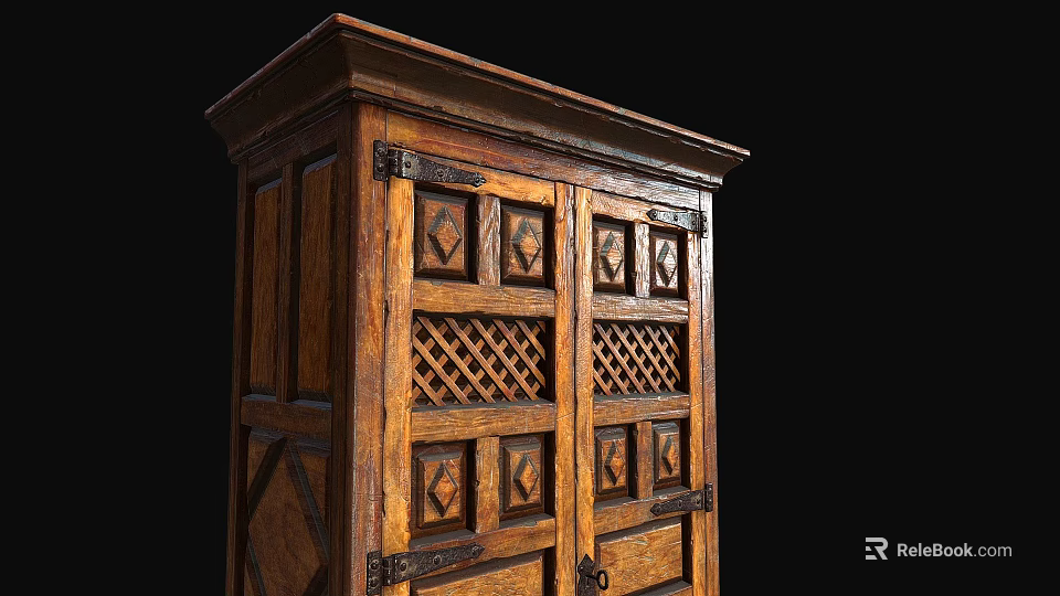 Traditional Oak Console Cabinet With Intricate Carved Design And Storage Doors 3d model 