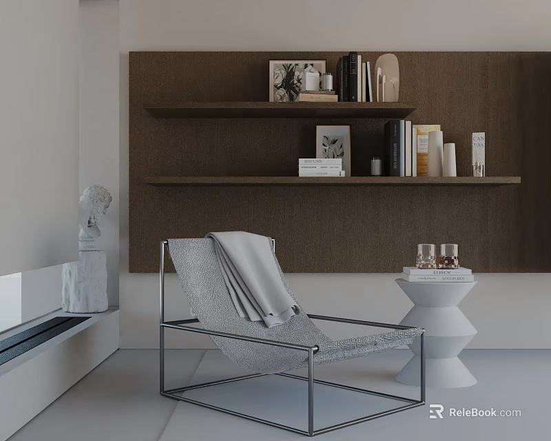 Stylish Modern Leisure Chair in Interior with Grey Blanket Brown Shelves and White Table 3d model 
