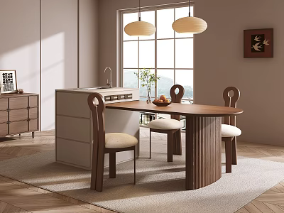 Modern Restaurant Interior With Wooden Dining Table Chairs Pendant Lights And Window 3d model