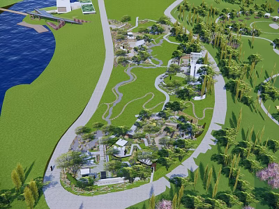 Scenic Park Landscape With Green Lawns Winding Paths Trees And Water View 3d model