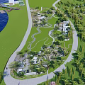 Scenic Park Landscape With Green Lawns Winding Paths Trees And Water View