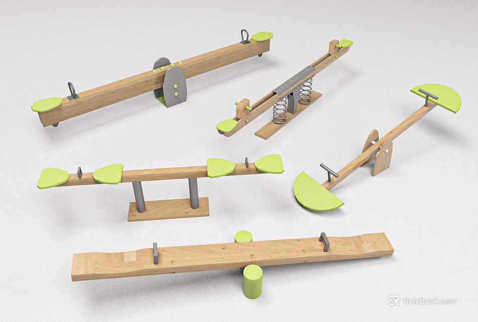 Various Wooden Seesaws For Kids With Different Designs Spring And Green Seats 3d model 