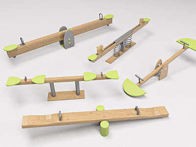 Various Wooden Seesaws For Kids With Different Designs Spring And Green Seats 3d model