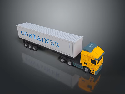Container Truck Model With Yellow Cab And White Container On Reflective Surface 3d model