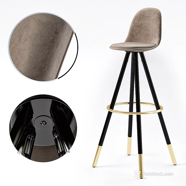 Light Brown Velvet Bar Stool With Black Legs Golden Ring Detail And Swivel Base 3d model 
