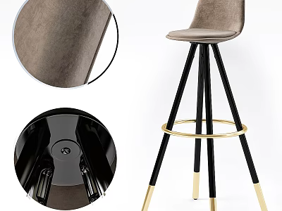 Light Brown Velvet Bar Stool With Black Legs Golden Ring Detail And Swivel Base 3d model