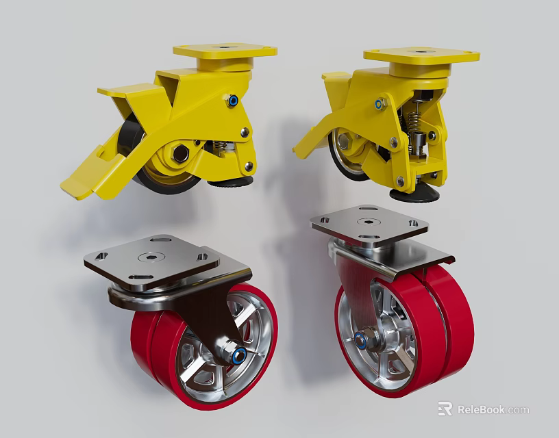 Yellow and Red Heavy Duty Casters with Metal Base and Brake Feature 3d model 