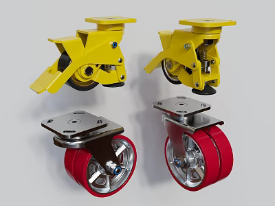 Yellow and Red Heavy Duty Casters with Metal Base and Brake Feature 3d model