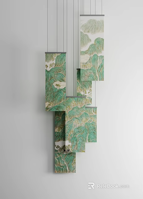 Green Landscape Style Hanging Decoration Composed Of Rectangular Panels On White Wall 3d model 
