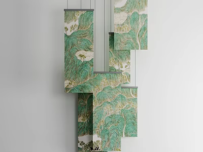 Green Landscape Style Hanging Decoration Composed Of Rectangular Panels On White Wall 3d model