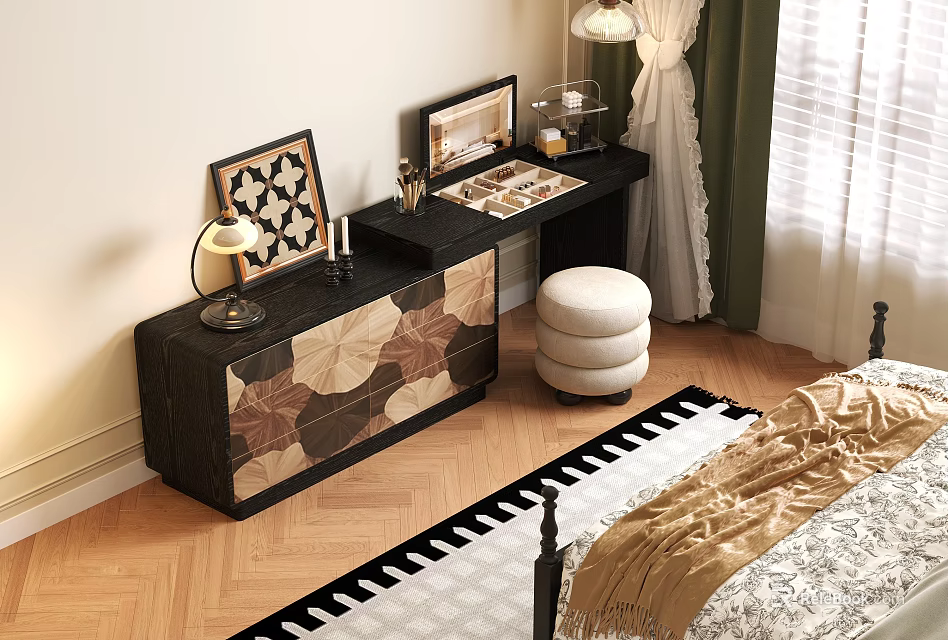Black Dresser With Leaf Patterned Drawers White Round Stool Table Lamp And Mirror 3d model 
