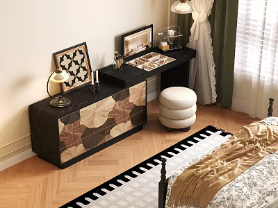 Black Dresser With Leaf Patterned Drawers White Round Stool Table Lamp And Mirror 3d model