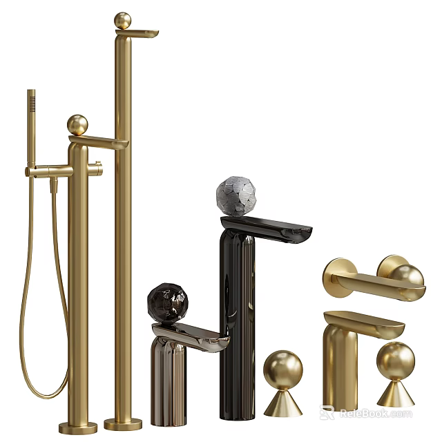 Elegant Modern Faucet Design With Spherical Handles Gold And Black Finishes 3d model 