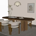 Modern Oval Wooden Dining Table And Chairs With Light Seats Pendant Light Potted Plant