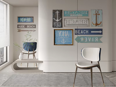 Modern Interior Accent Chair With Beach Themed Wall Decor Signs And Natural Light 3d model