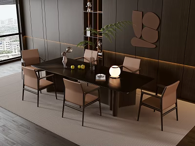 Elegant Modern Dining Room Table Set With Black Table Beige Chairs Wall Art And Plants 3d model