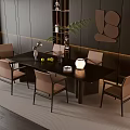 Elegant Modern Dining Room Table Set With Black Table Beige Chairs Wall Art And Plants