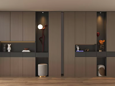 Modern Wooden Shoe Cabinet With Open Shelves Decorative Items And Built in Lighting 3d model