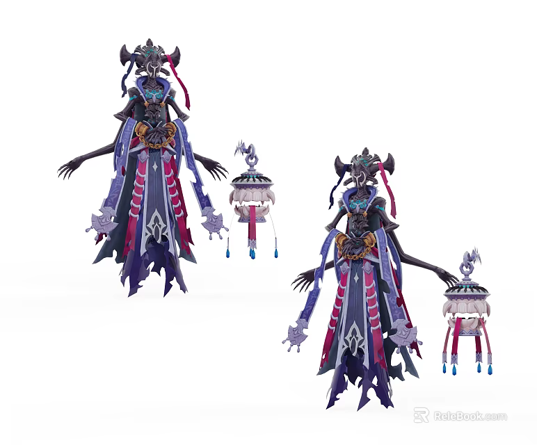 Game Fantasy Character With Ornate Purple Pink Outfit Intricate Headdress And Hanging Lantern Accessory 3d model 